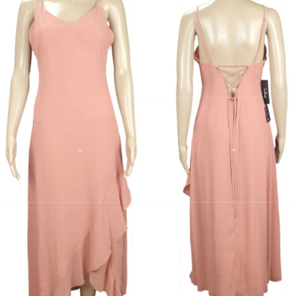 Lulus Peach Midi Event Dress M Ruflle Chiffon Tiered Asymmetric Hem Wedding NWT